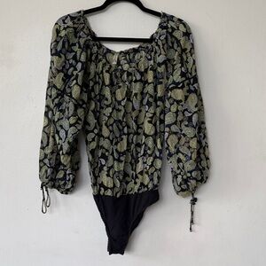 Free People Black and Green Patterned Bodysuit